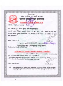 Everest Tour Nepal Company Certificate